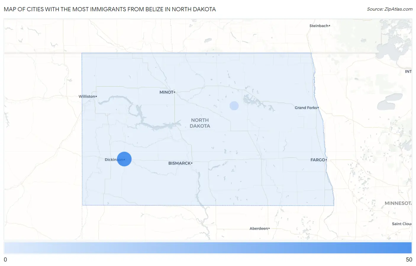 Cities with the Most Immigrants from Belize in North Dakota Map