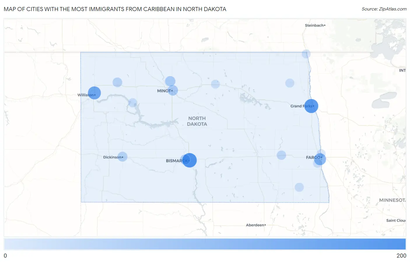 Cities with the Most Immigrants from Caribbean in North Dakota Map