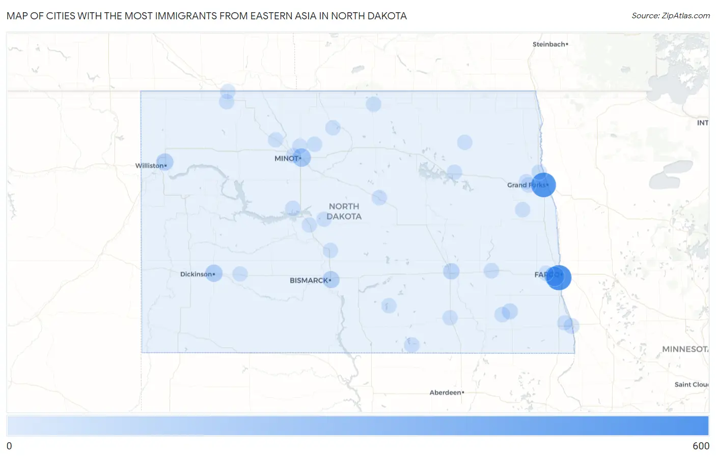 Cities with the Most Immigrants from Eastern Asia in North Dakota Map