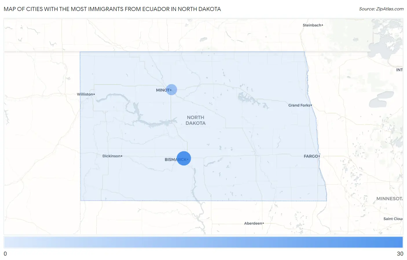 Cities with the Most Immigrants from Ecuador in North Dakota Map