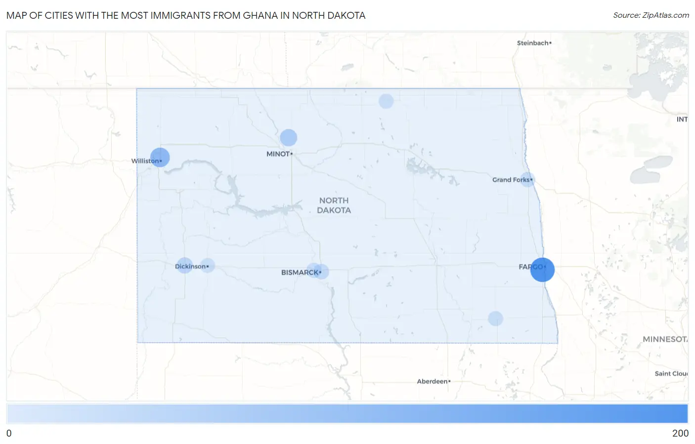 Cities with the Most Immigrants from Ghana in North Dakota Map