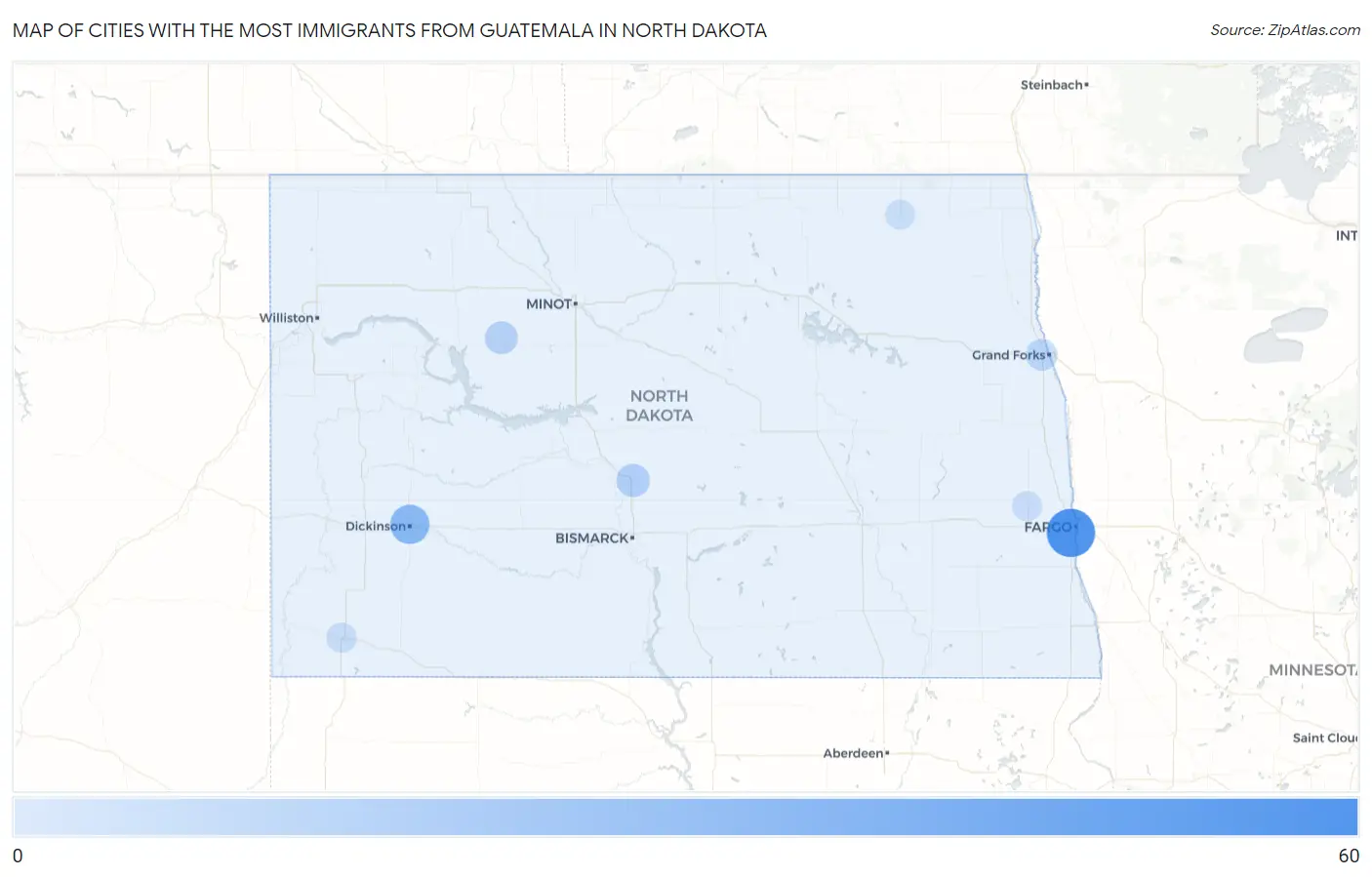 Cities with the Most Immigrants from Guatemala in North Dakota Map