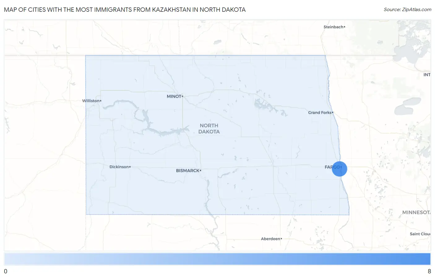 Cities with the Most Immigrants from Kazakhstan in North Dakota Map