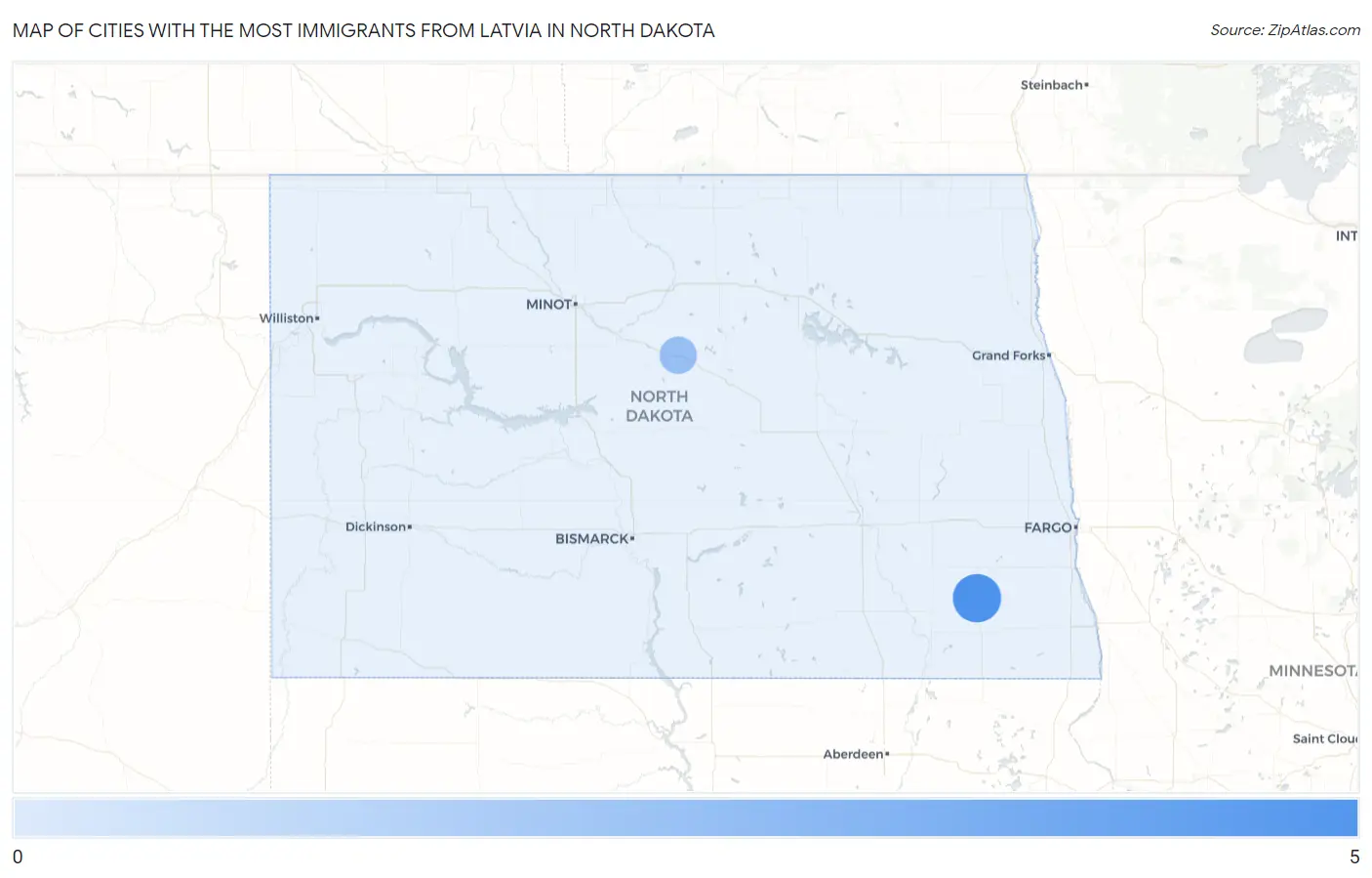 Cities with the Most Immigrants from Latvia in North Dakota Map