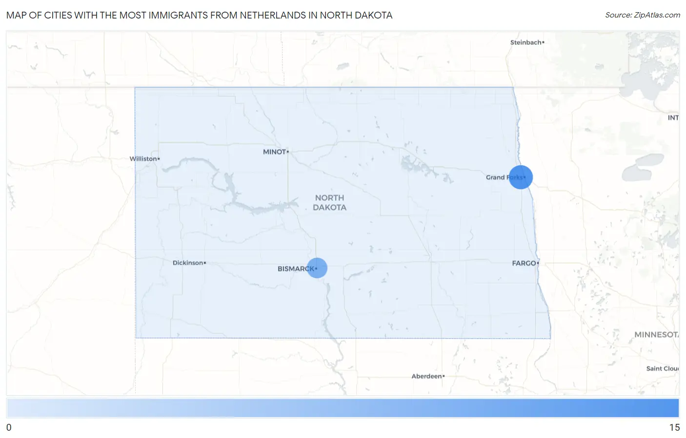 Cities with the Most Immigrants from Netherlands in North Dakota Map