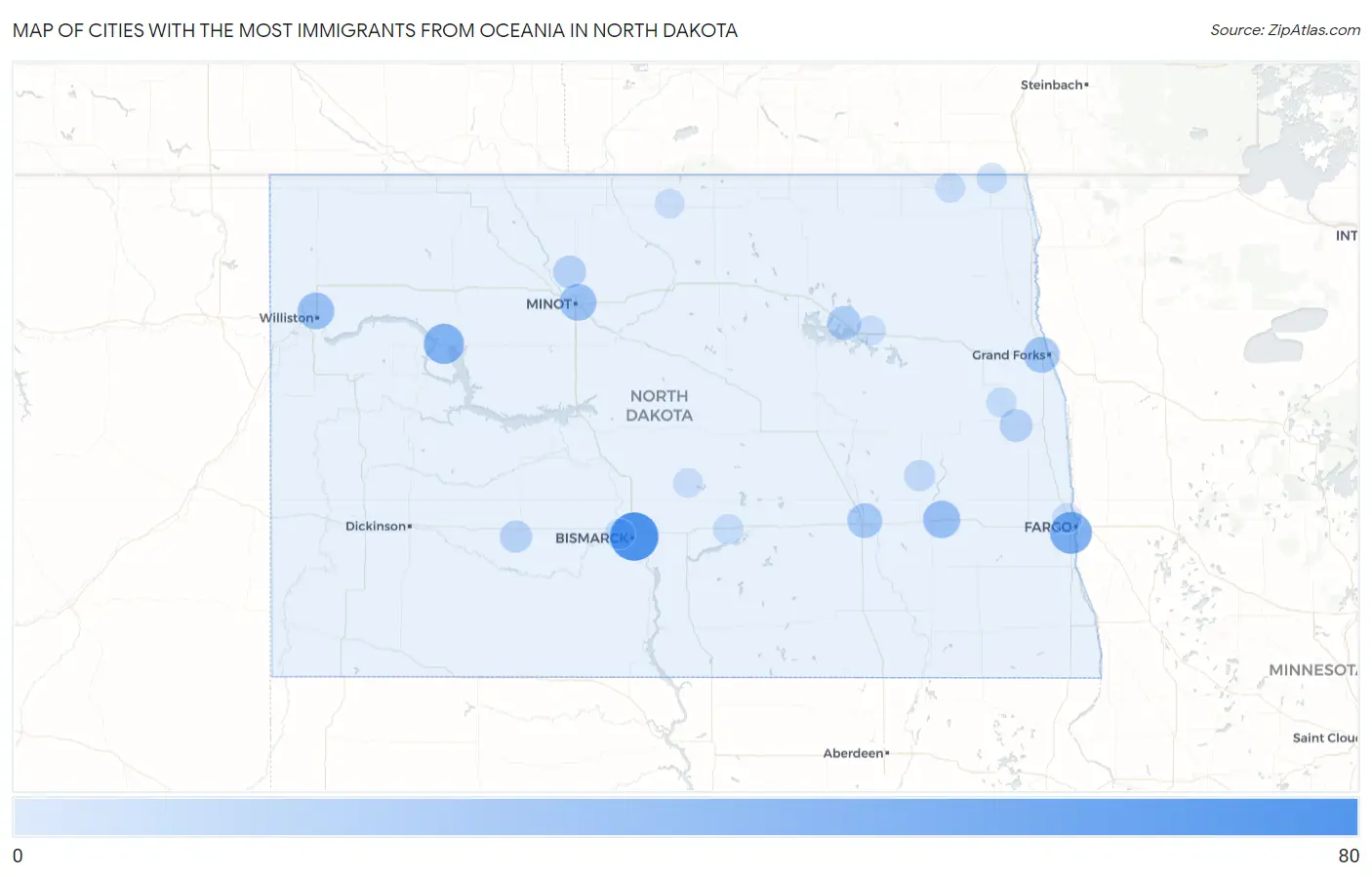 Cities with the Most Immigrants from Oceania in North Dakota Map