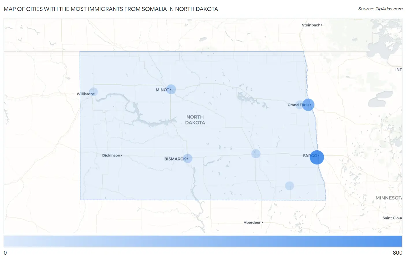 Cities with the Most Immigrants from Somalia in North Dakota Map