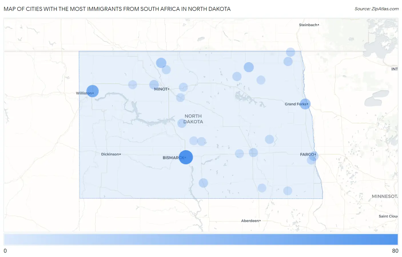 Cities with the Most Immigrants from South Africa in North Dakota Map