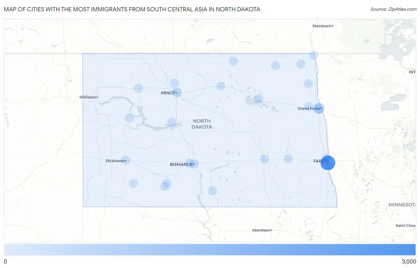 Cities with the Most Immigrants from South Central Asia in North Dakota Map