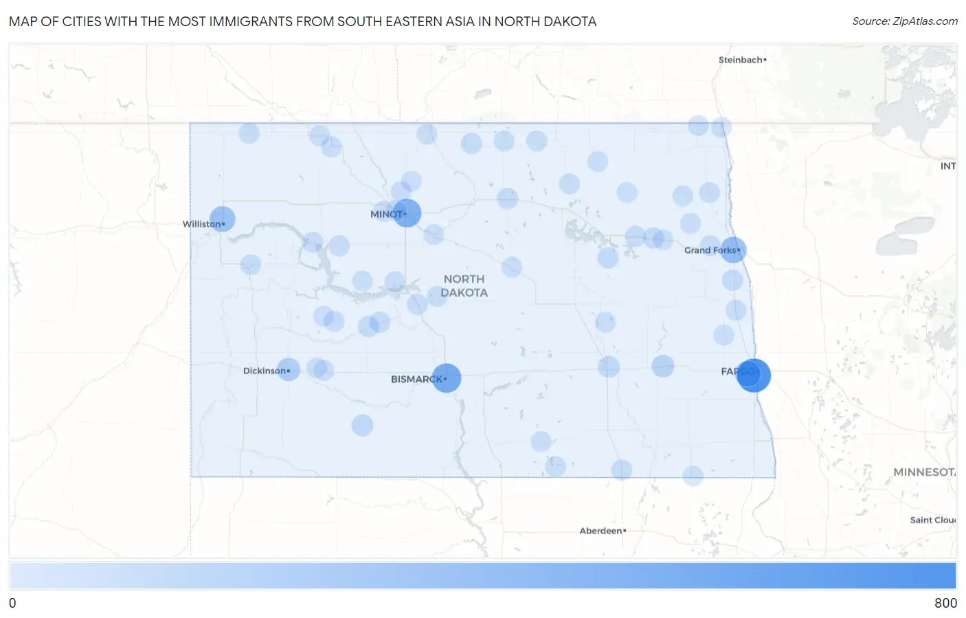 Cities with the Most Immigrants from South Eastern Asia in North Dakota Map