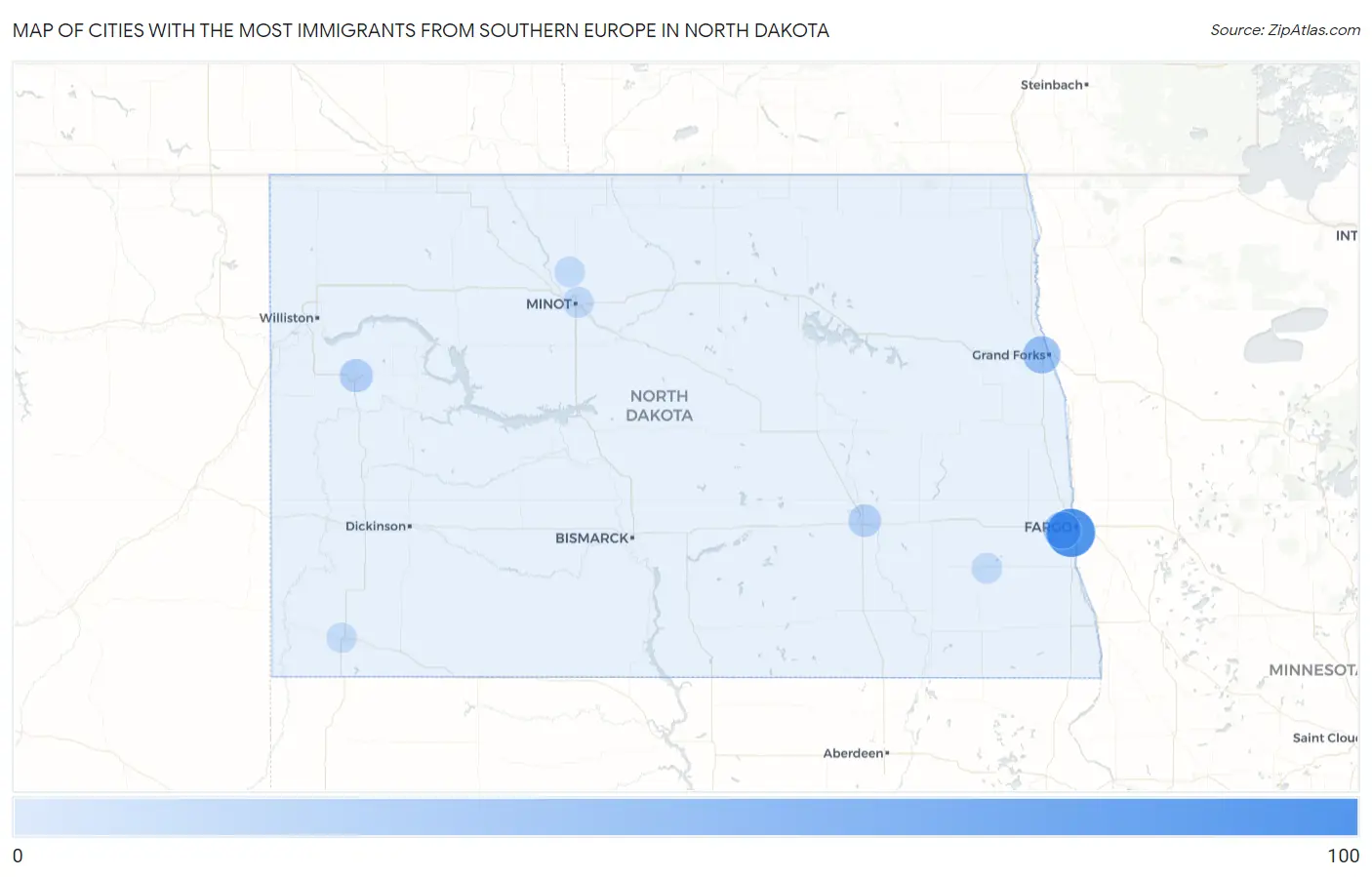 Cities with the Most Immigrants from Southern Europe in North Dakota Map