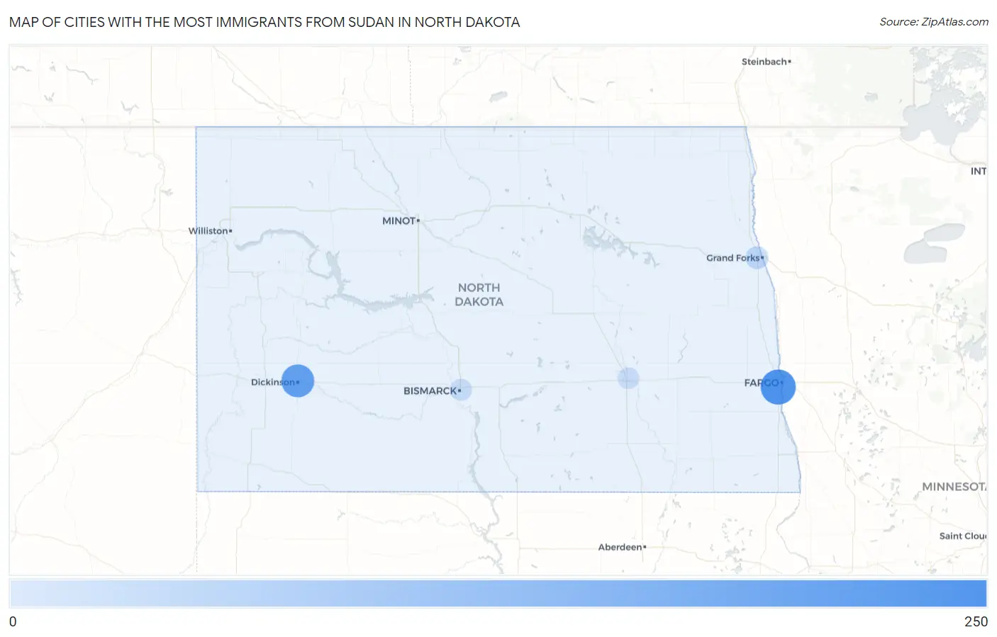 Cities with the Most Immigrants from Sudan in North Dakota Map
