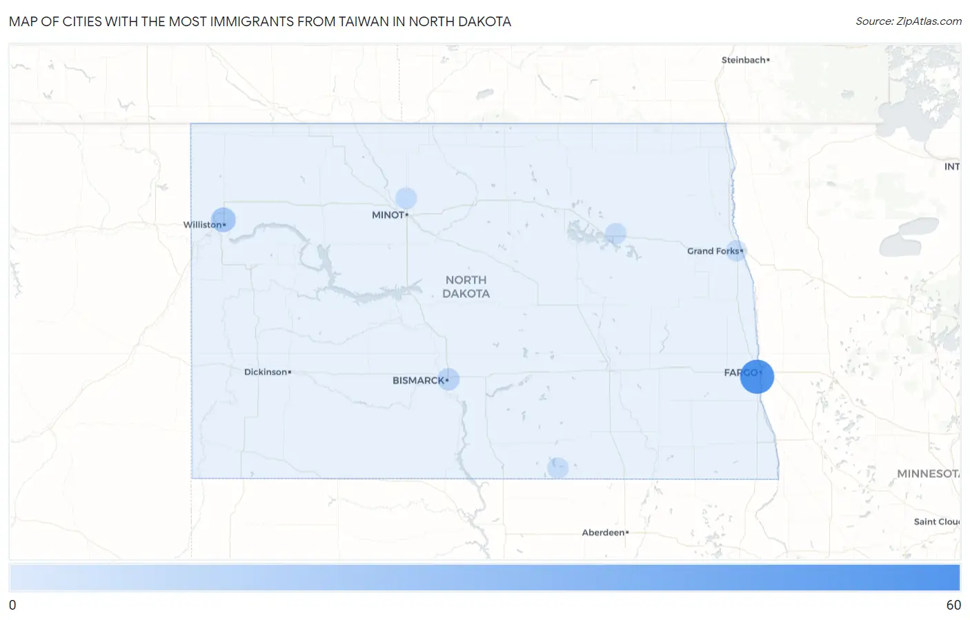Cities with the Most Immigrants from Taiwan in North Dakota Map