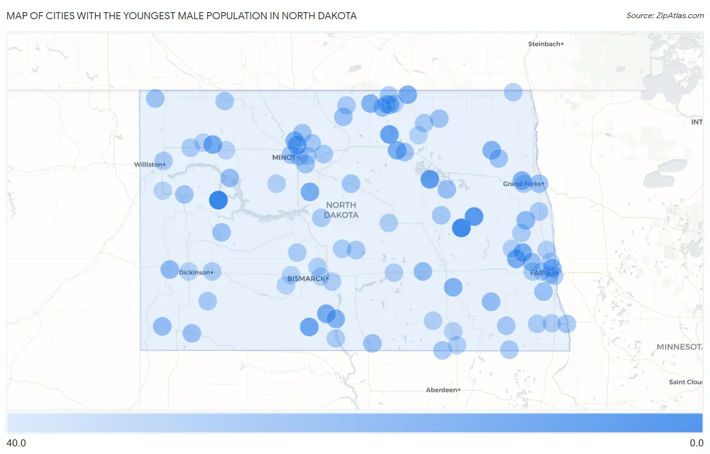 Cities with the Youngest Male Population in North Dakota Map