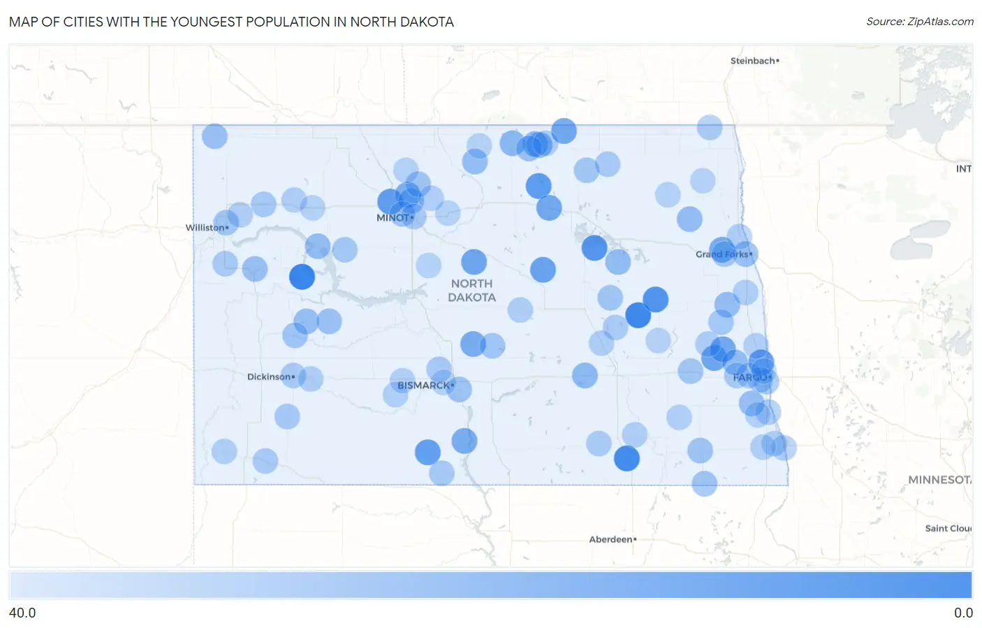 Cities with the Youngest Population in North Dakota Map