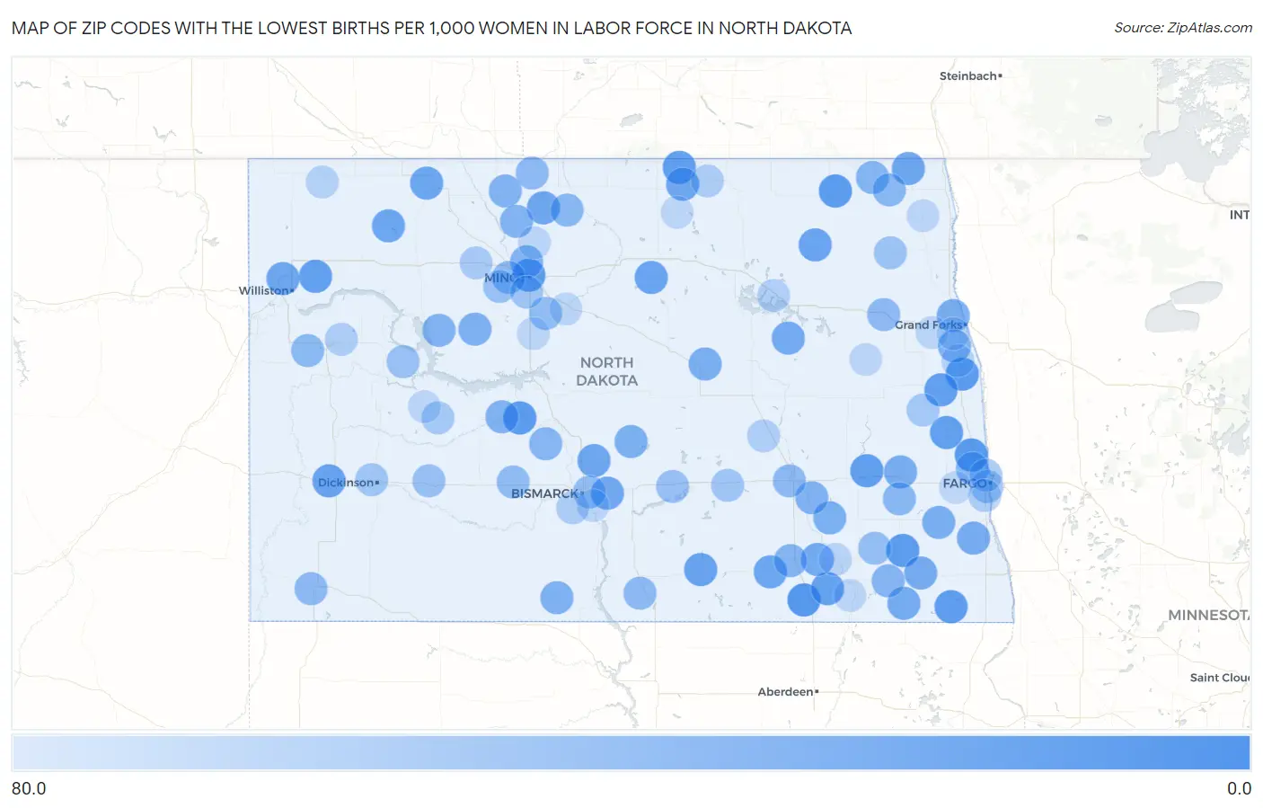 Zip Codes with the Lowest Births per 1,000 Women in Labor Force in North Dakota Map