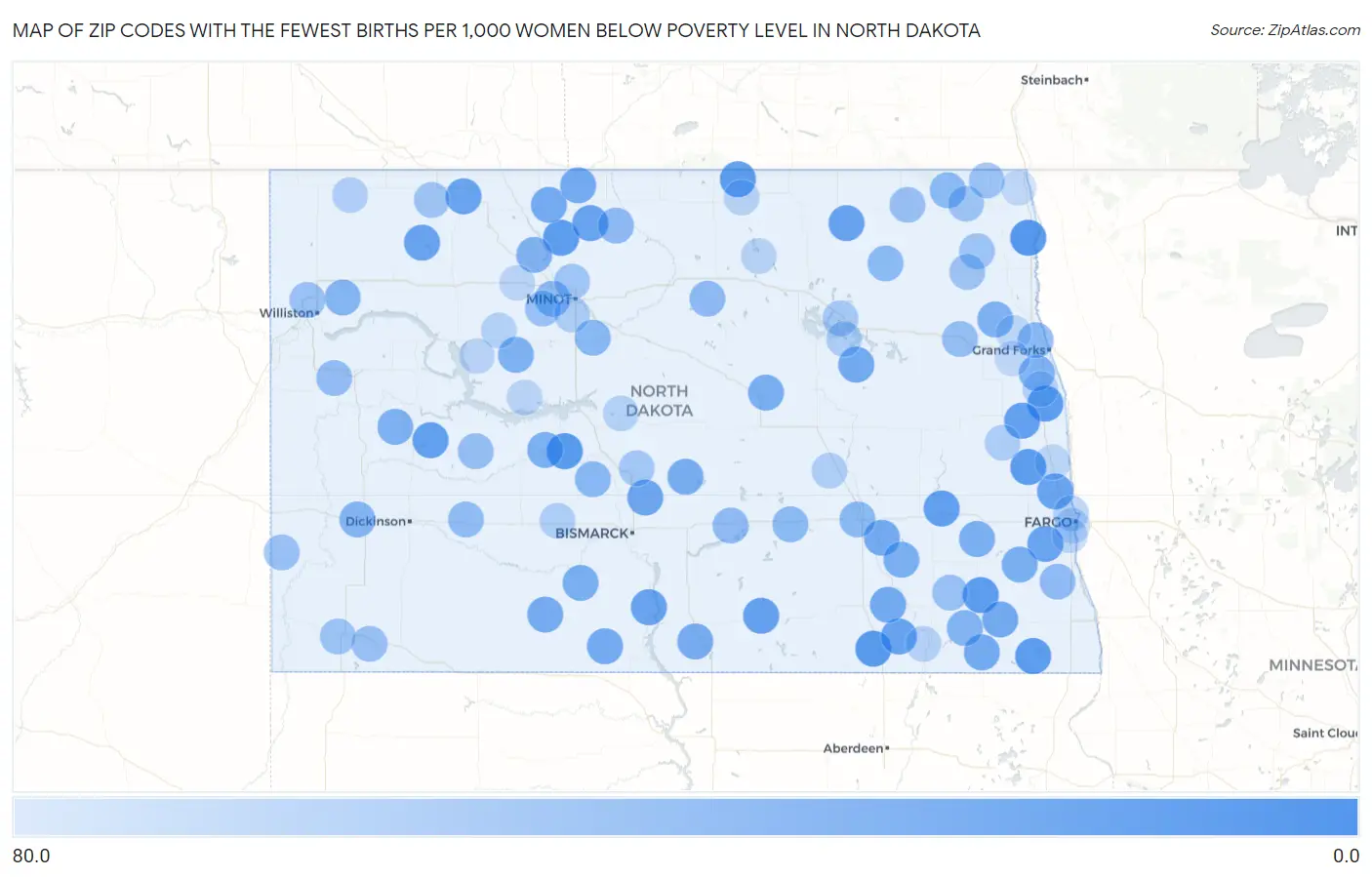 Zip Codes with the Fewest Births per 1,000 Women Below Poverty Level in North Dakota Map