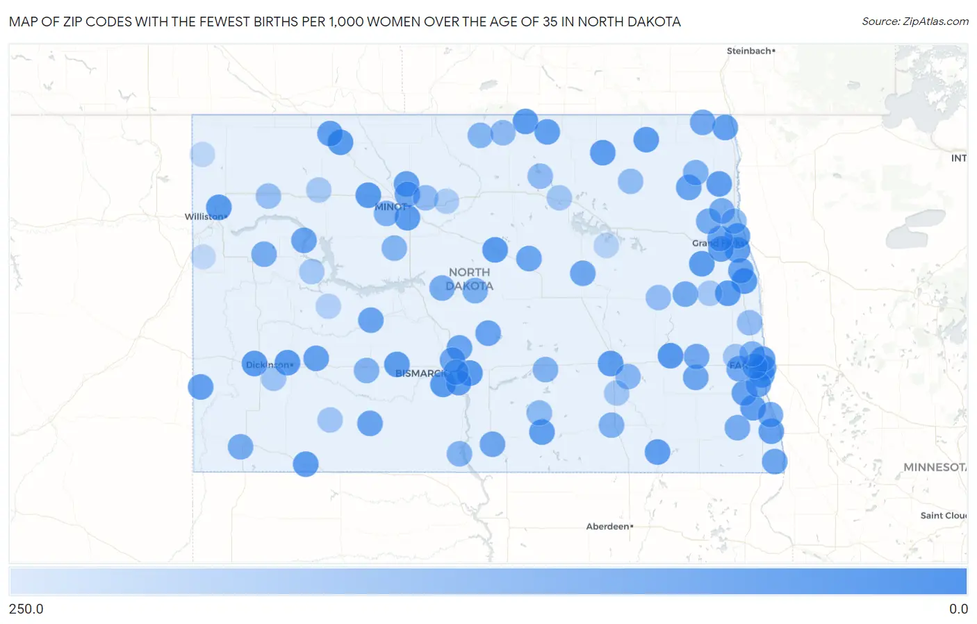 Zip Codes with the Fewest Births per 1,000 Women Over the Age of 35 in North Dakota Map