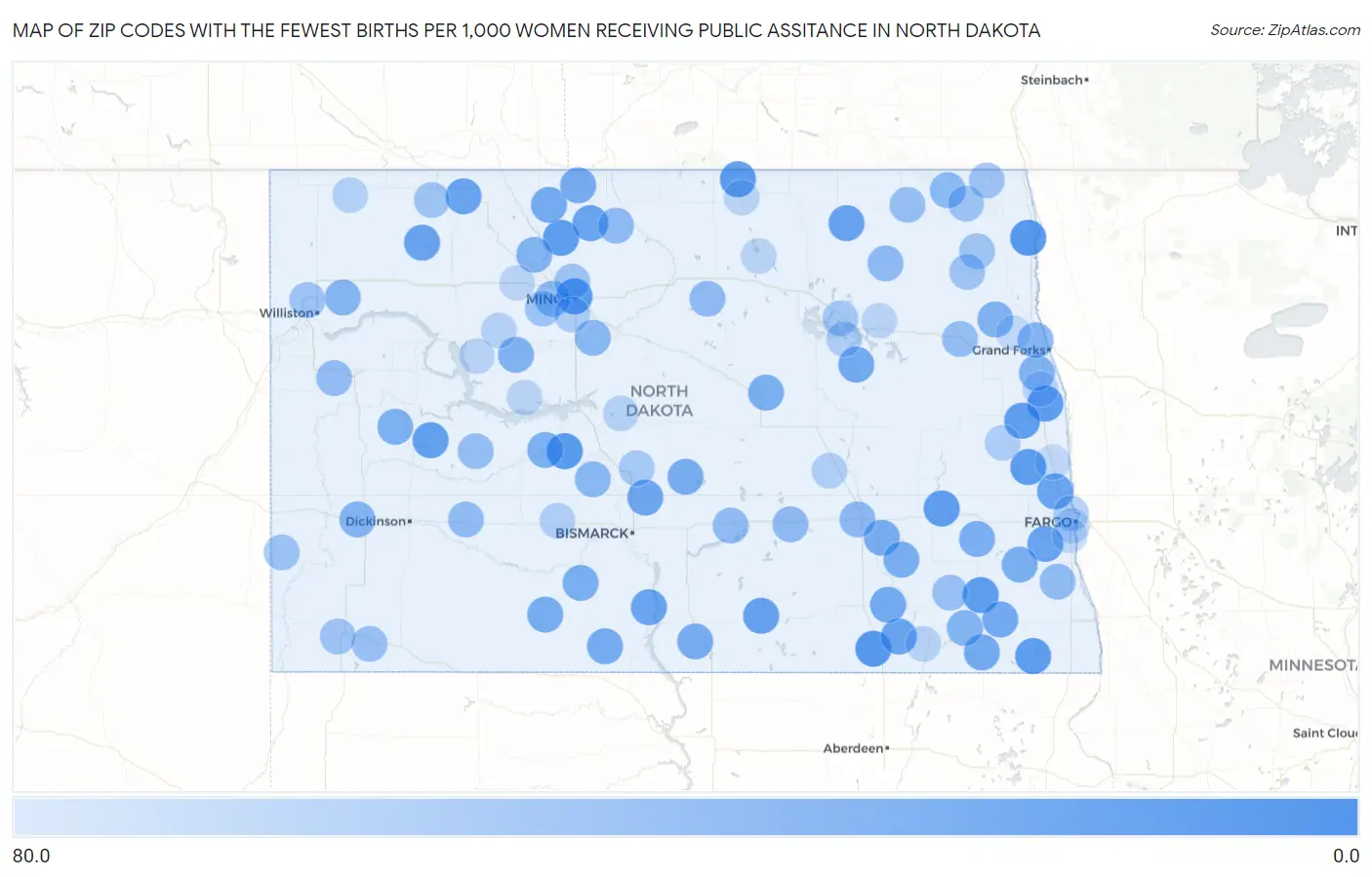 Zip Codes with the Fewest Births per 1,000 Women Receiving Public Assitance in North Dakota Map