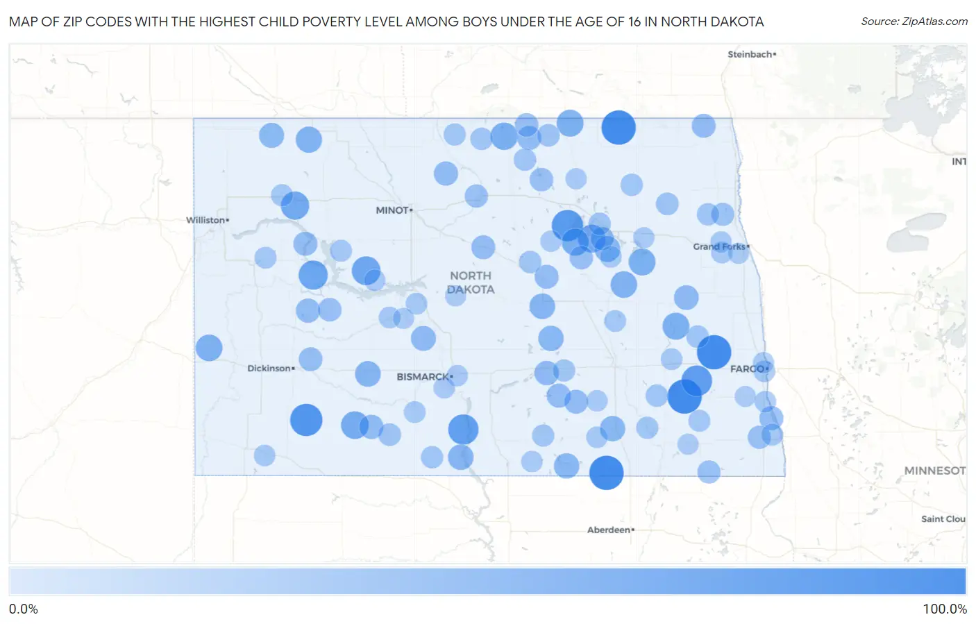 Zip Codes with the Highest Child Poverty Level Among Boys Under the Age of 16 in North Dakota Map