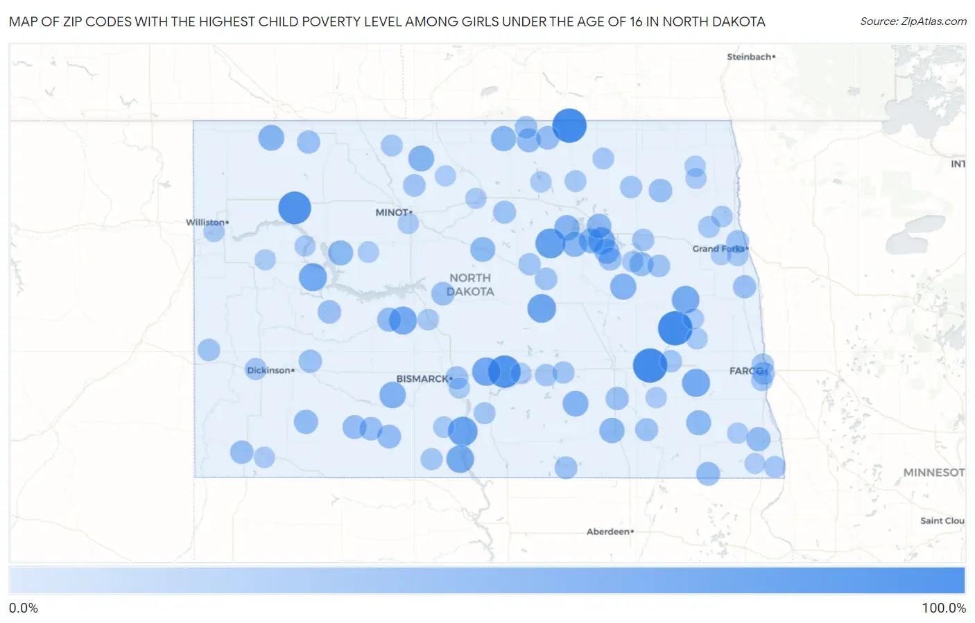 Zip Codes with the Highest Child Poverty Level Among Girls Under the Age of 16 in North Dakota Map