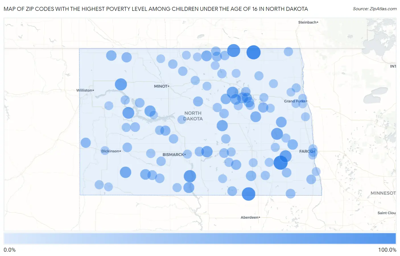 Zip Codes with the Highest Poverty Level Among Children Under the Age of 16 in North Dakota Map