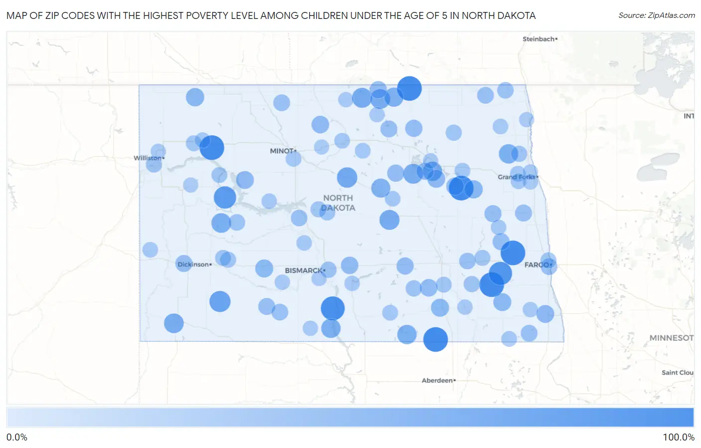 Zip Codes with the Highest Poverty Level Among Children Under the Age of 5 in North Dakota Map