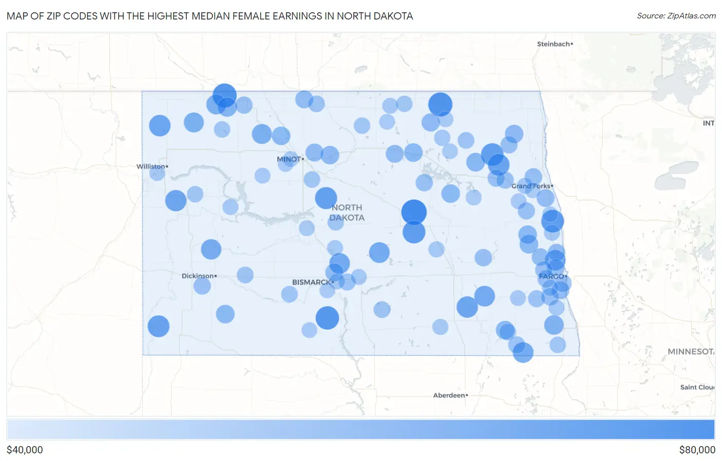 Zip Codes with the Highest Median Female Earnings in North Dakota Map