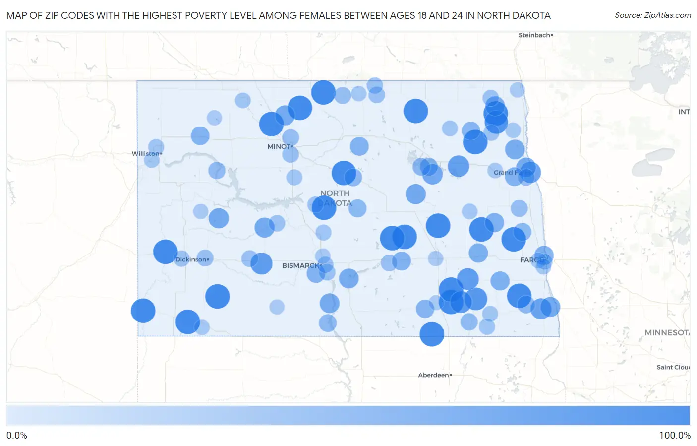 Zip Codes with the Highest Poverty Level Among Females Between Ages 18 and 24 in North Dakota Map