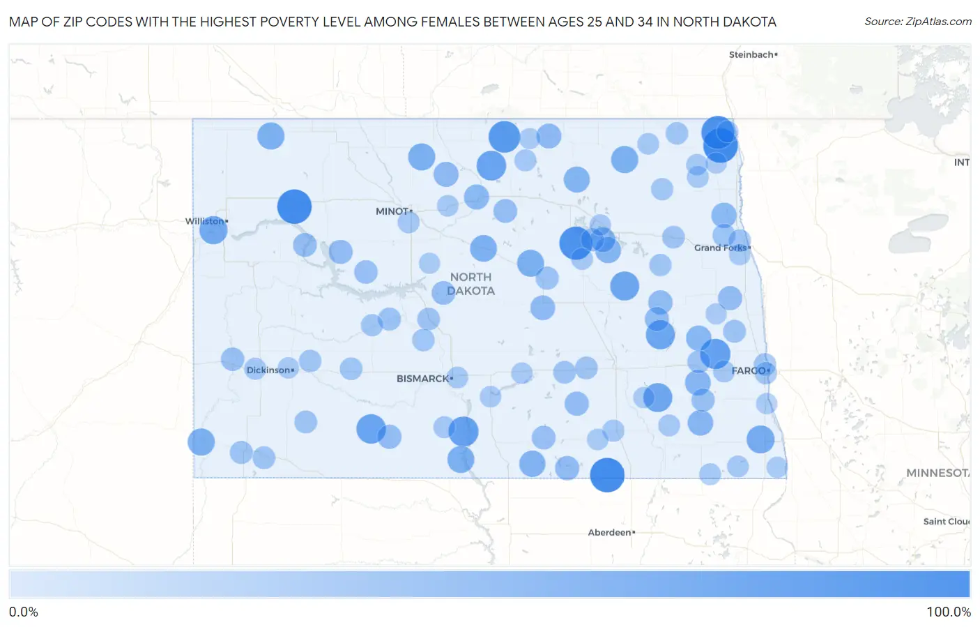 Zip Codes with the Highest Poverty Level Among Females Between Ages 25 and 34 in North Dakota Map