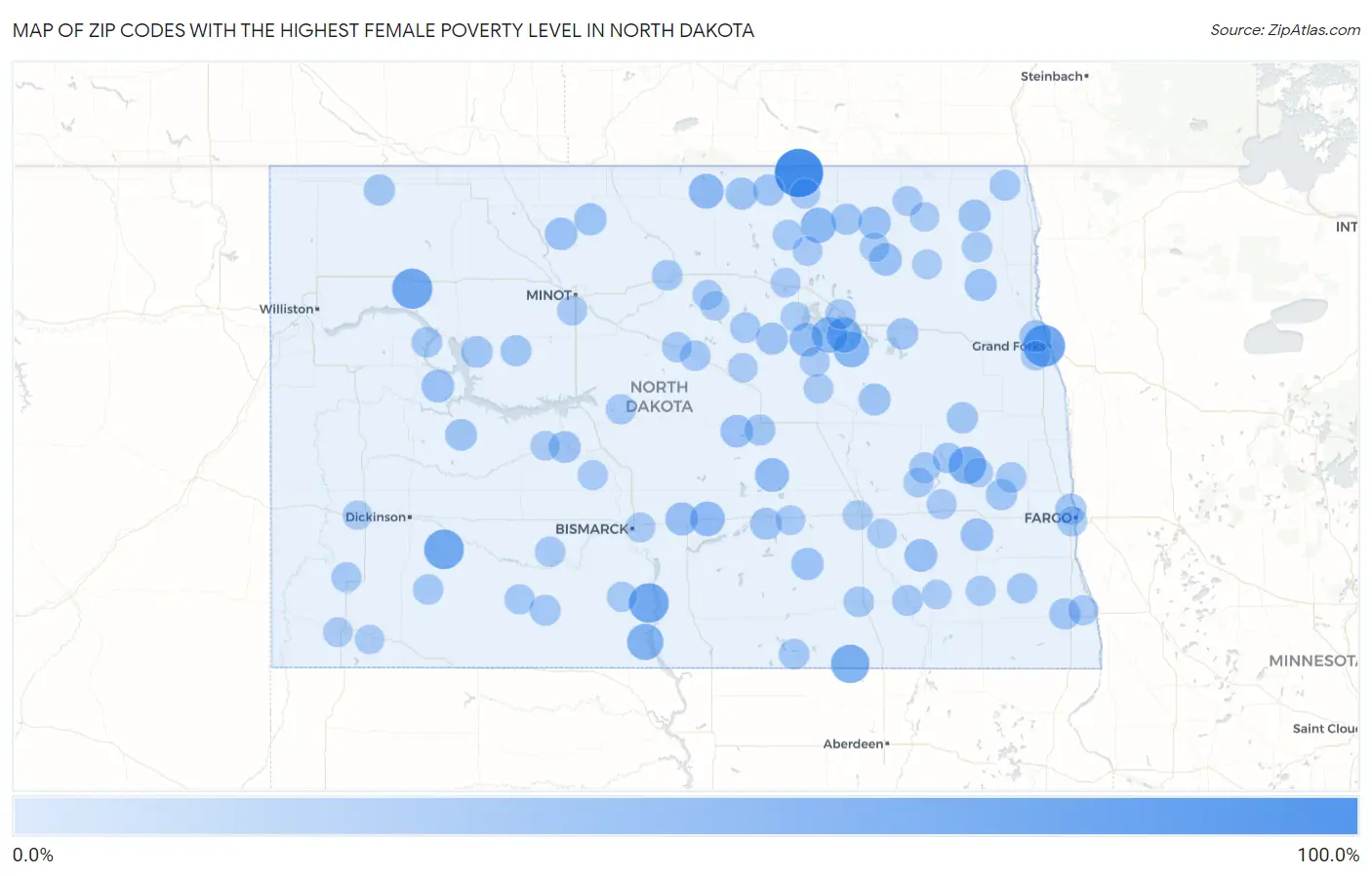 Zip Codes with the Highest Female Poverty Level in North Dakota Map