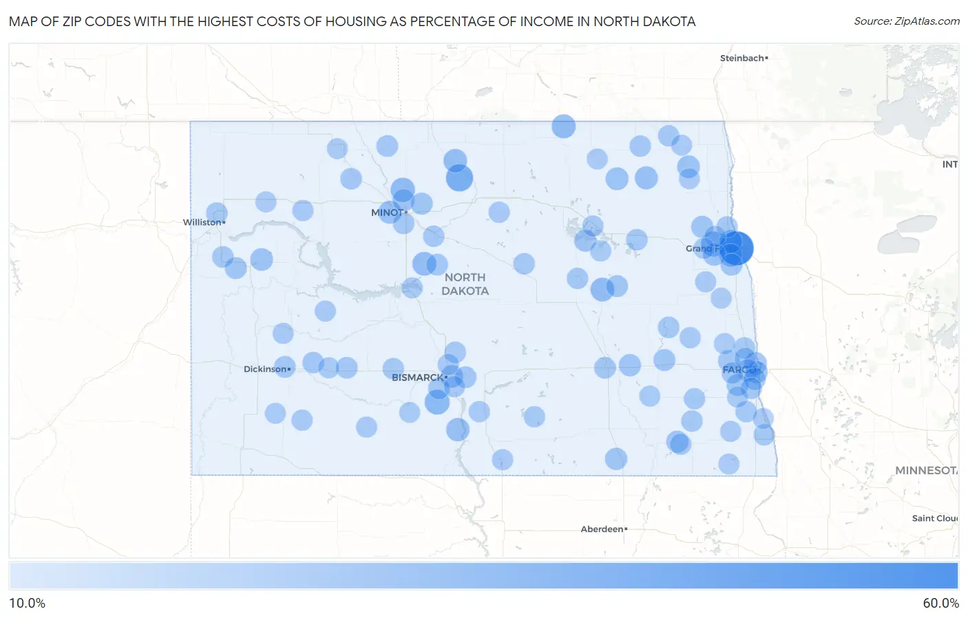 Zip Codes with the Highest Costs of Housing as Percentage of Income in North Dakota Map