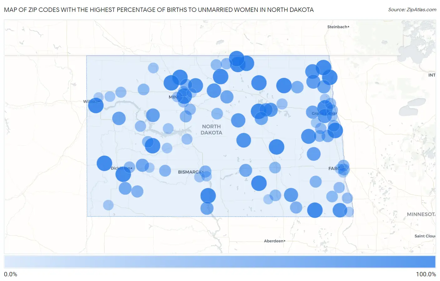 Zip Codes with the Highest Percentage of Births to Unmarried Women in North Dakota Map