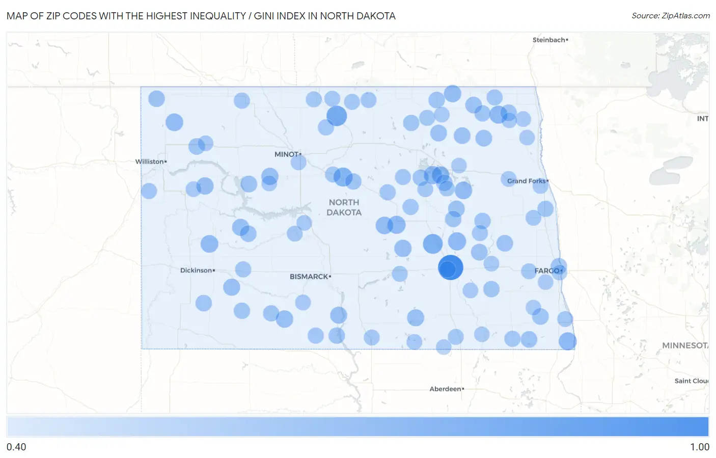 Zip Codes with the Highest Inequality / Gini Index in North Dakota Map