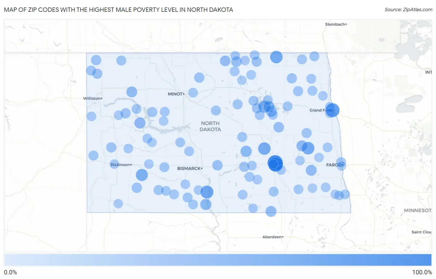 Zip Codes with the Highest Male Poverty Level in North Dakota Map