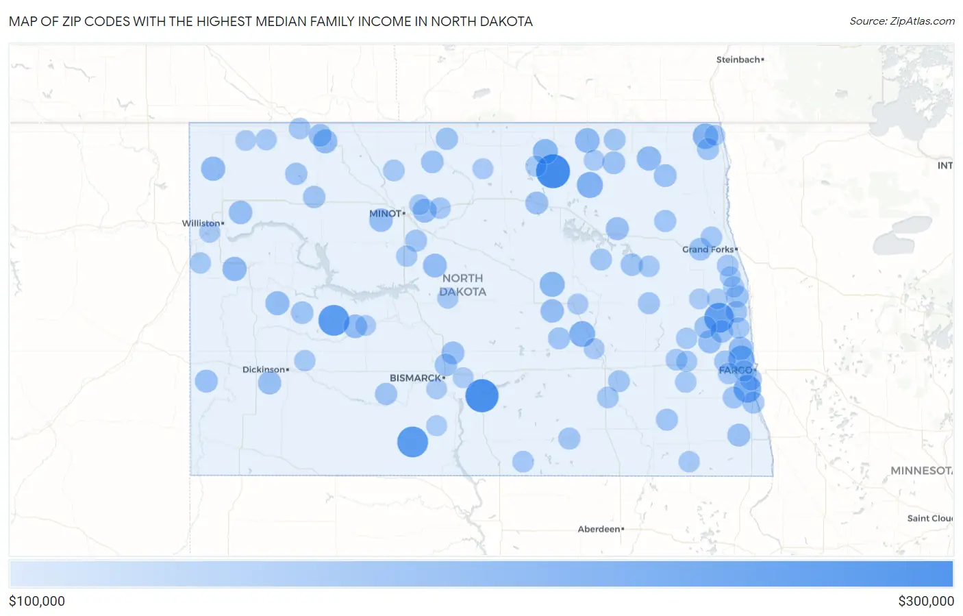 Zip Codes with the Highest Median Family Income in North Dakota Map