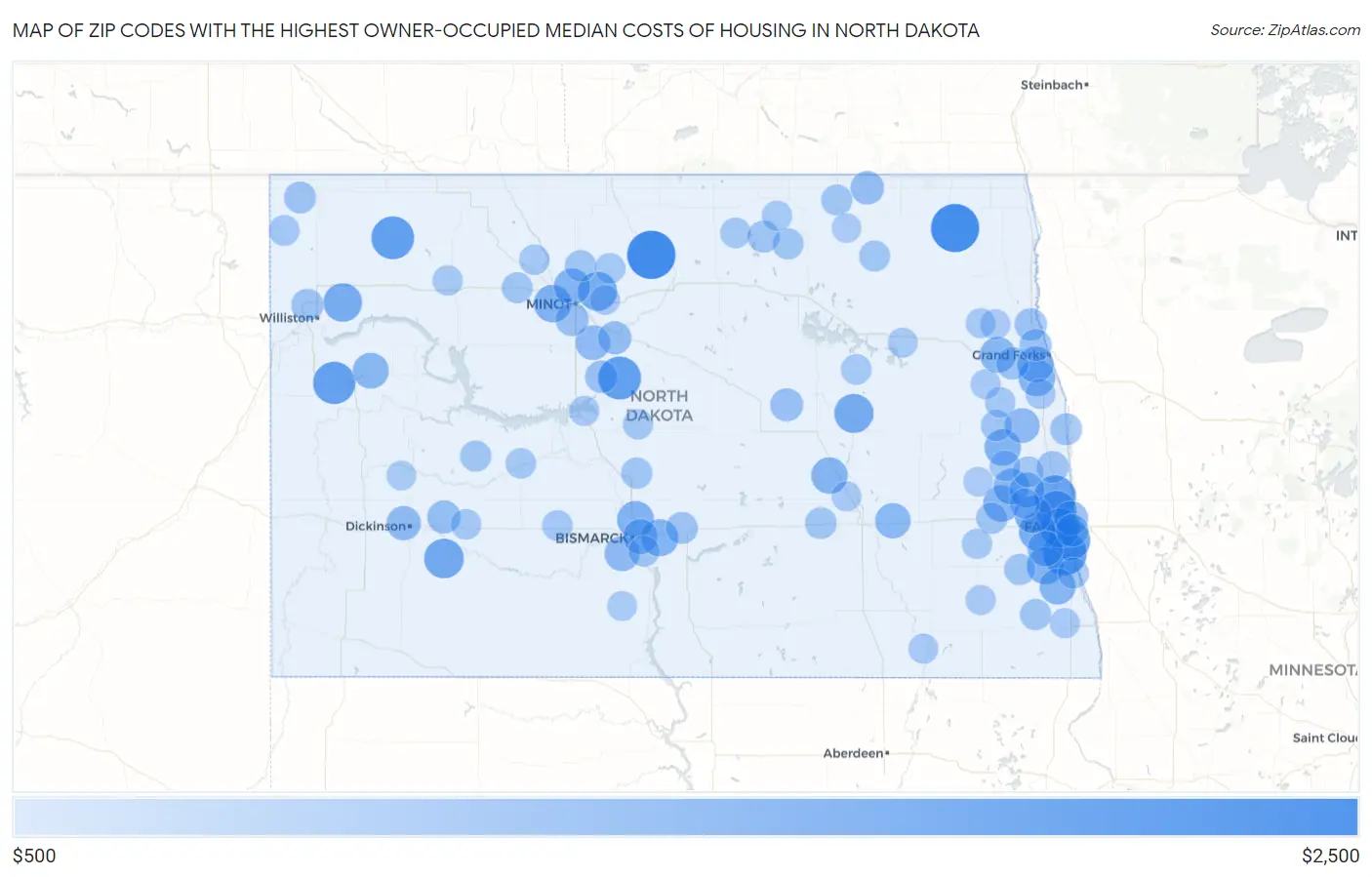Zip Codes with the Highest Owner-Occupied Median Costs of Housing in North Dakota Map