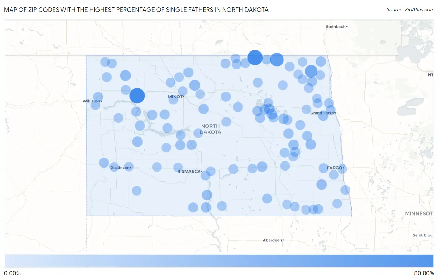 Zip Codes with the Highest Percentage of Single Fathers in North Dakota Map