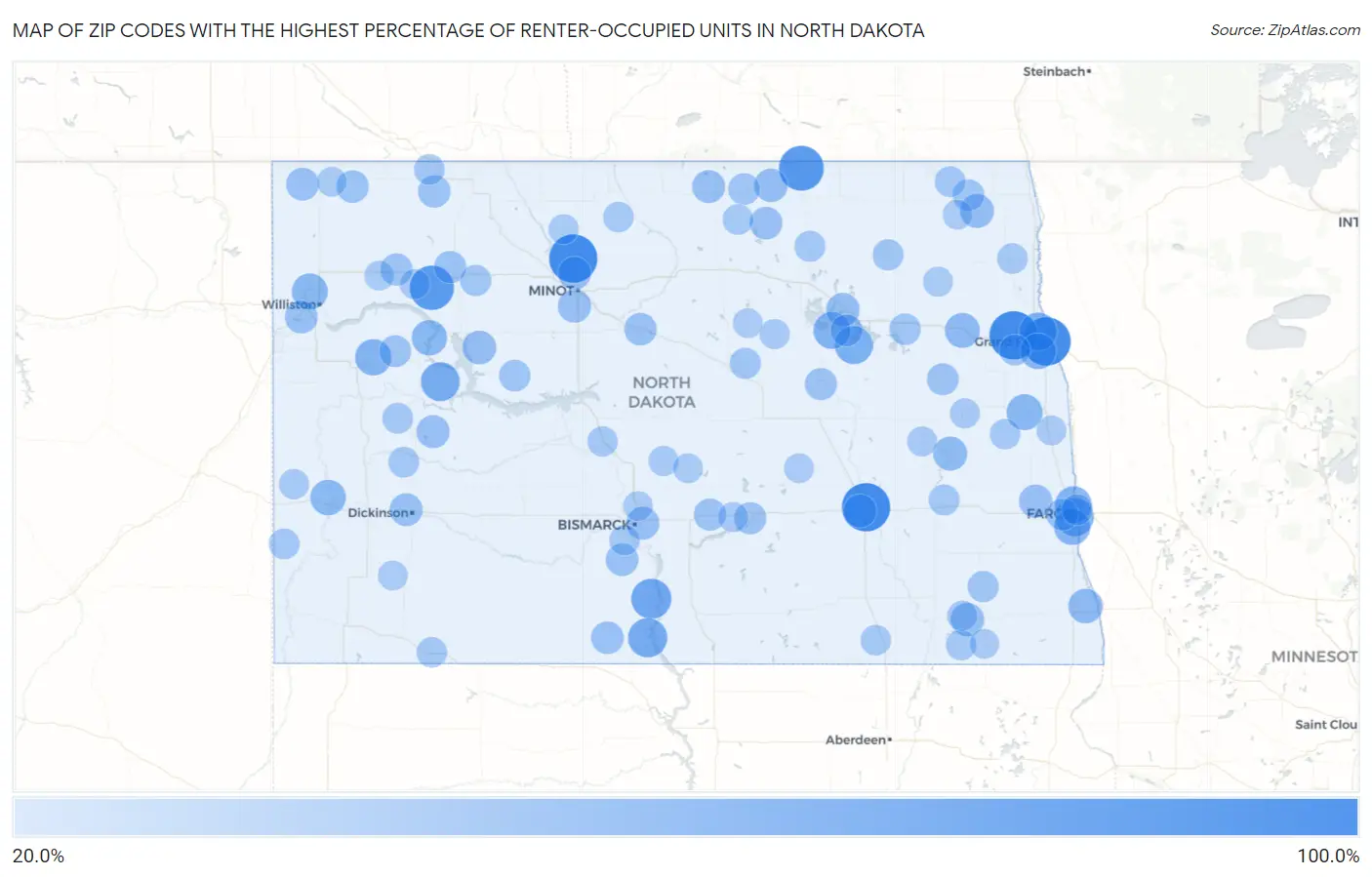 Zip Codes with the Highest Percentage of Renter-Occupied Units in North Dakota Map