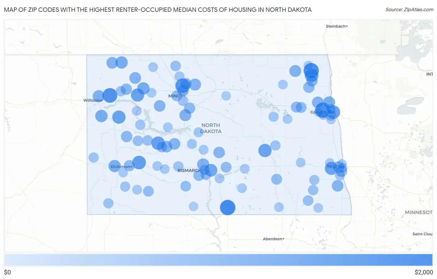 Zip Codes with the Highest Renter-Occupied Median Costs of Housing in North Dakota Map