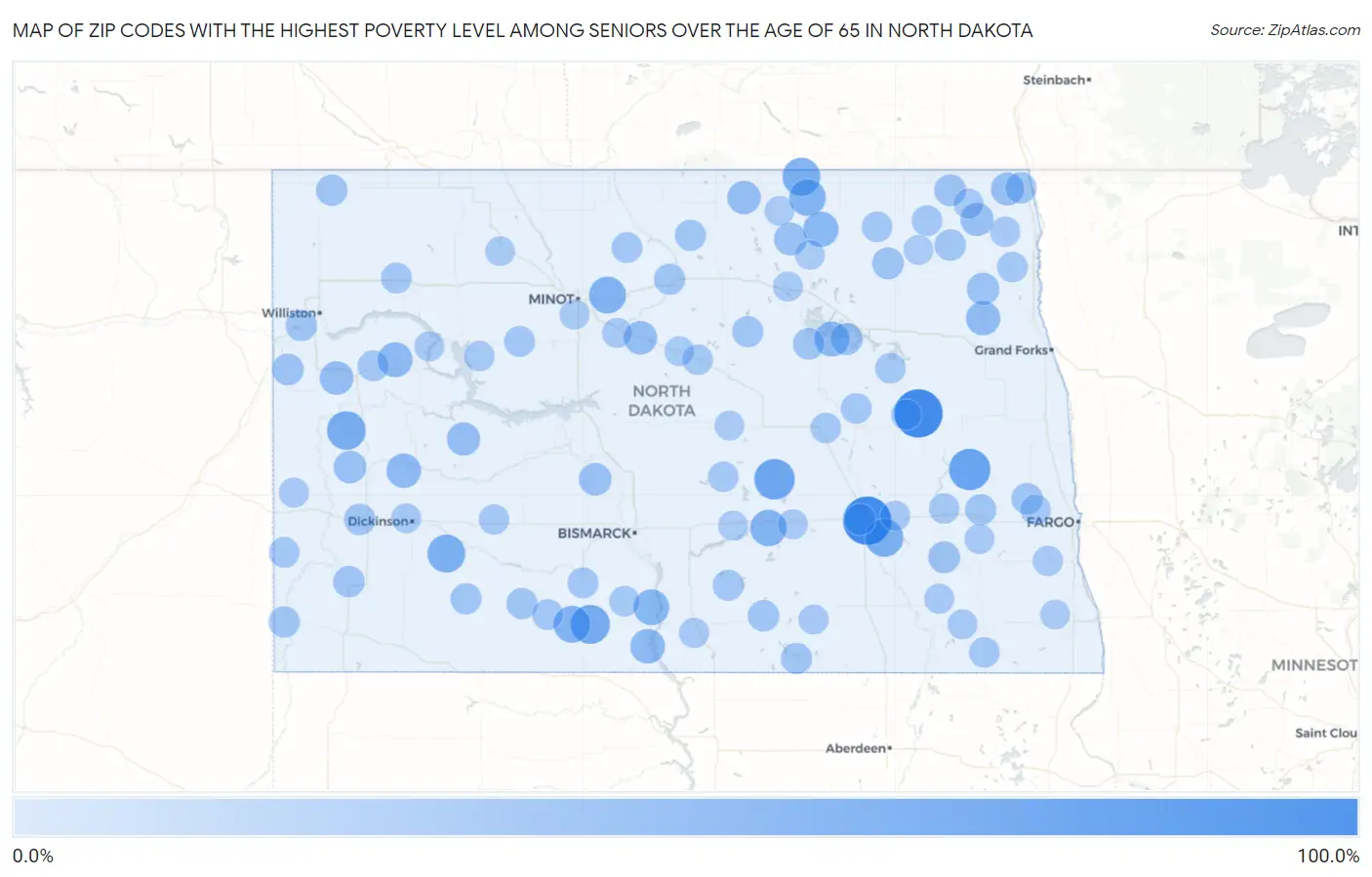 Zip Codes with the Highest Poverty Level Among Seniors Over the Age of 65 in North Dakota Map