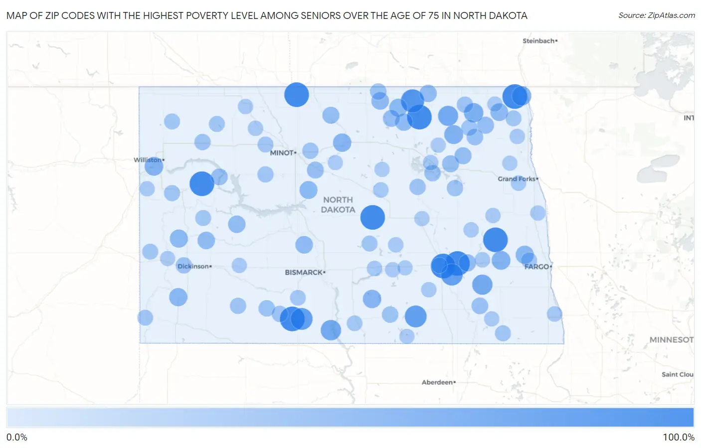 Zip Codes with the Highest Poverty Level Among Seniors Over the Age of 75 in North Dakota Map
