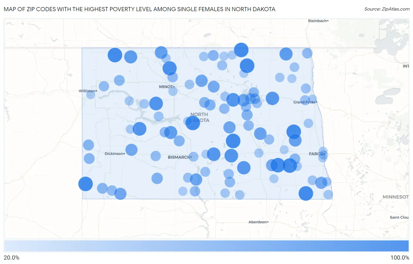 Zip Codes with the Highest Poverty Level Among Single Females in North Dakota Map