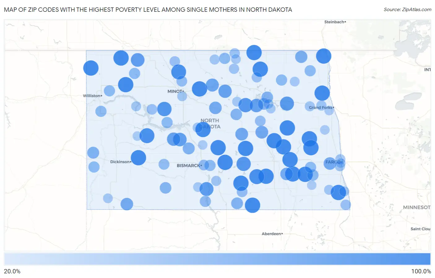 Zip Codes with the Highest Poverty Level Among Single Mothers in North Dakota Map