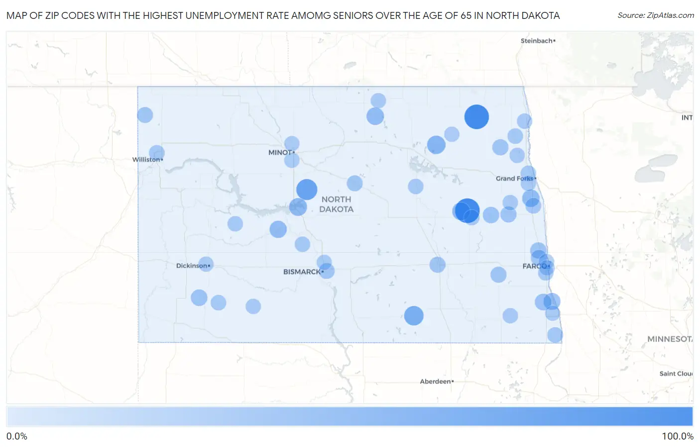 Zip Codes with the Highest Unemployment Rate Amomg Seniors Over the Age of 65 in North Dakota Map