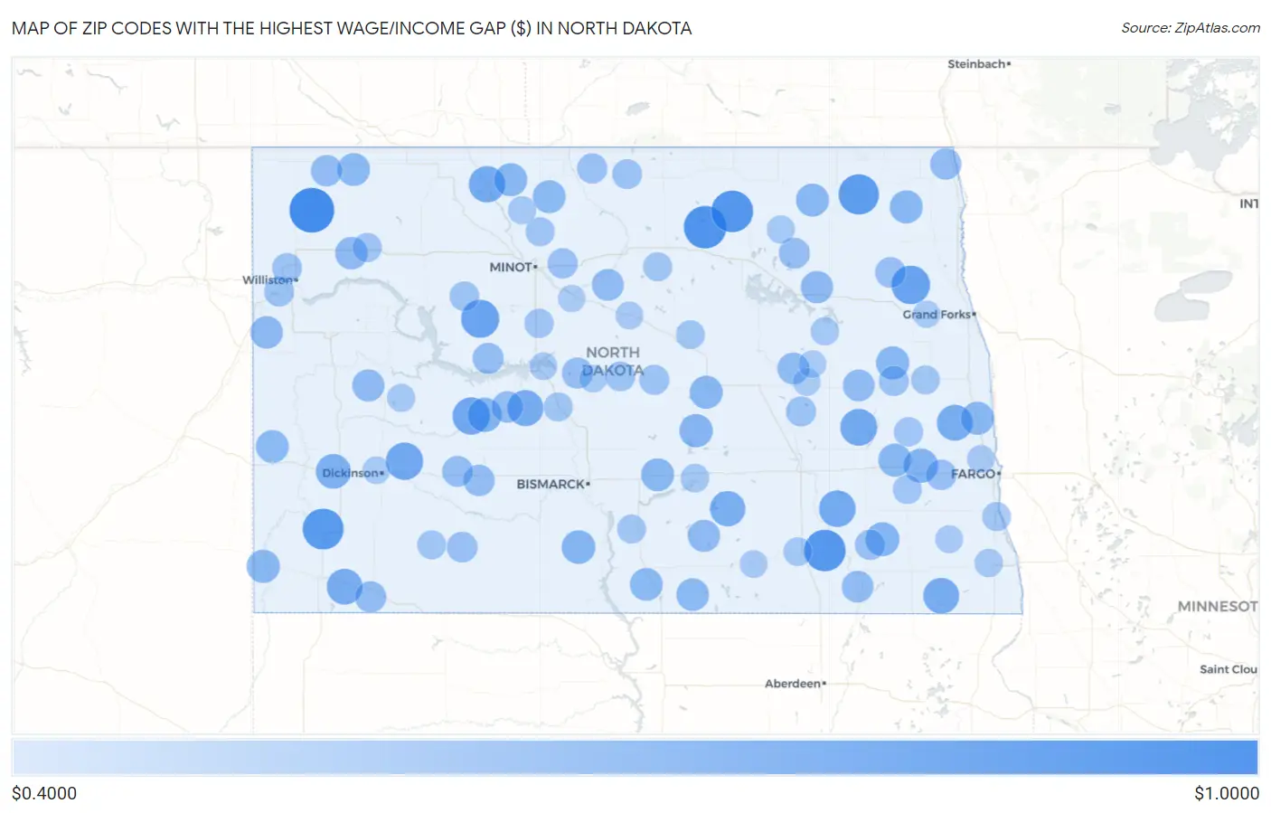 Zip Codes with the Highest Wage/Income Gap ($) in North Dakota Map