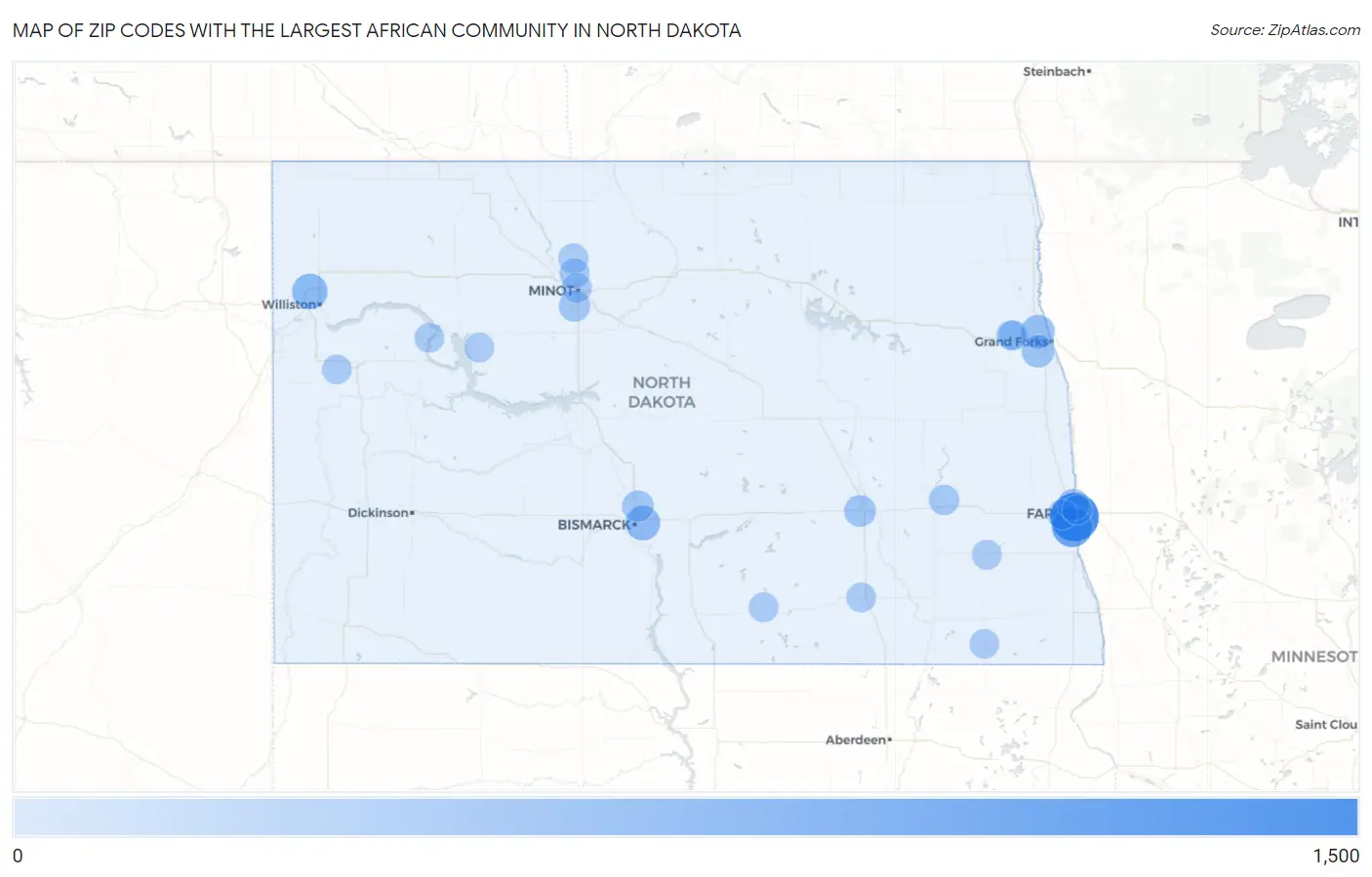 Zip Codes with the Largest African Community in North Dakota Map