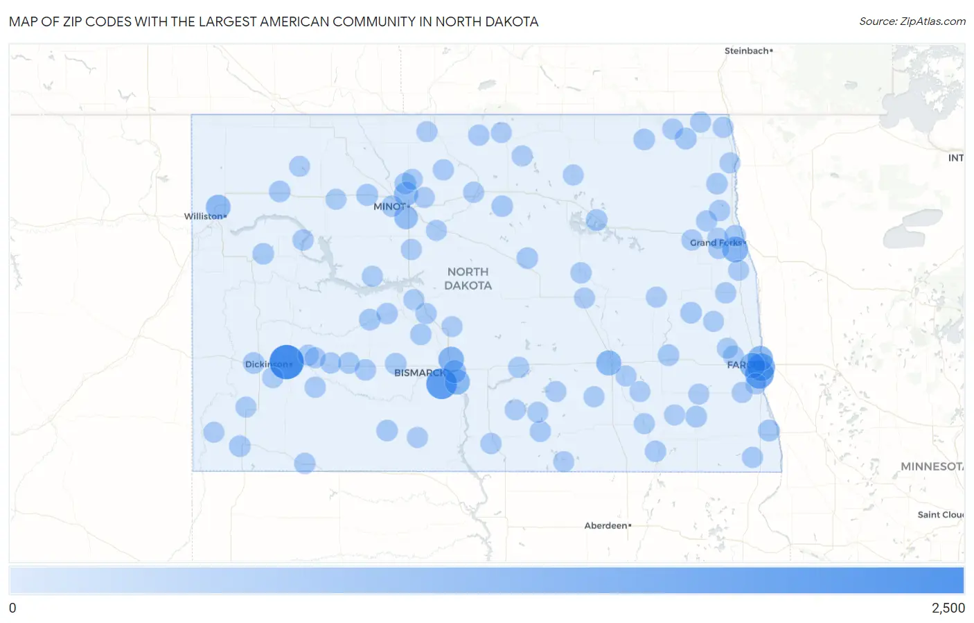 Zip Codes with the Largest American Community in North Dakota Map
