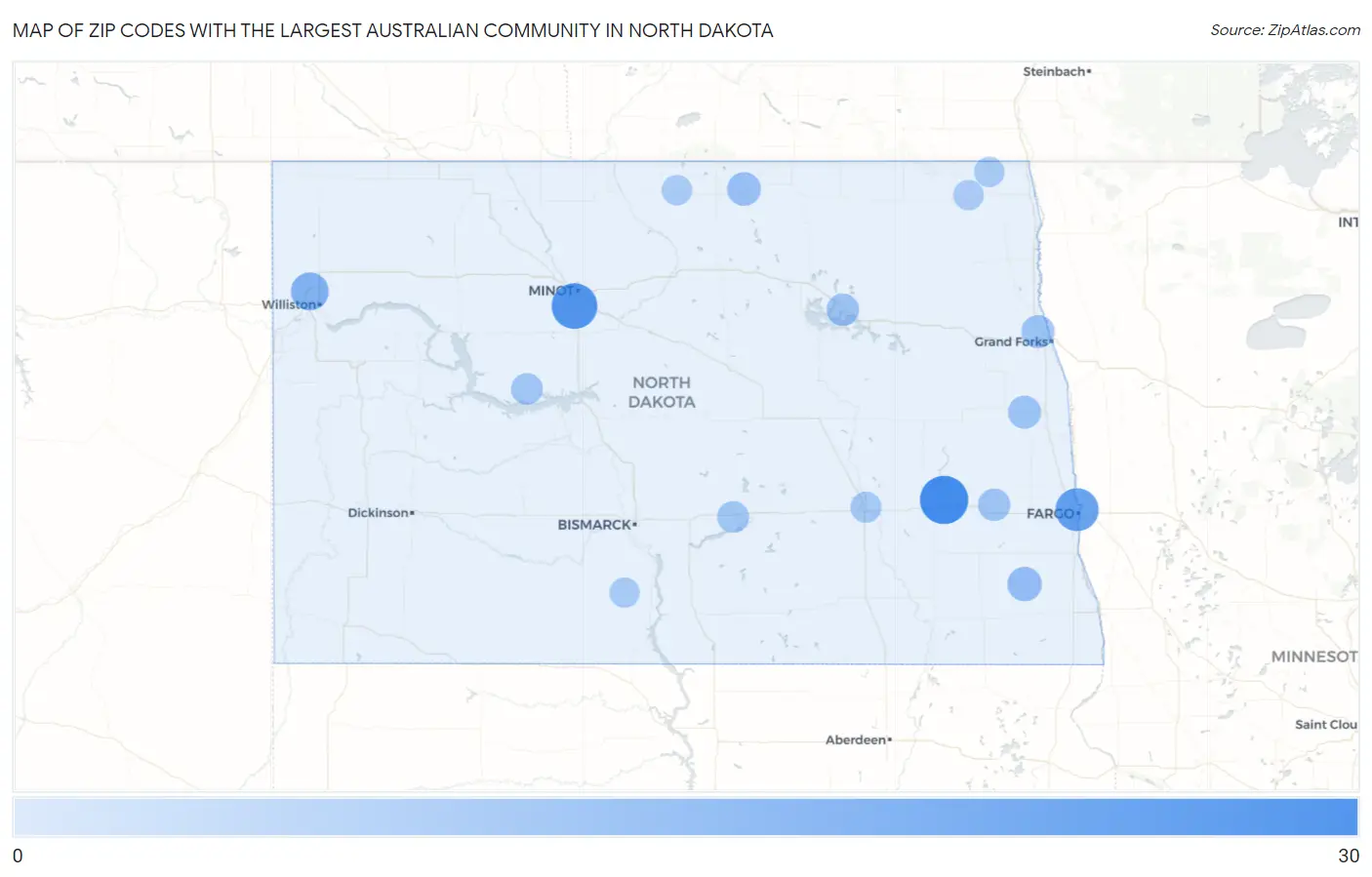 Zip Codes with the Largest Australian Community in North Dakota Map