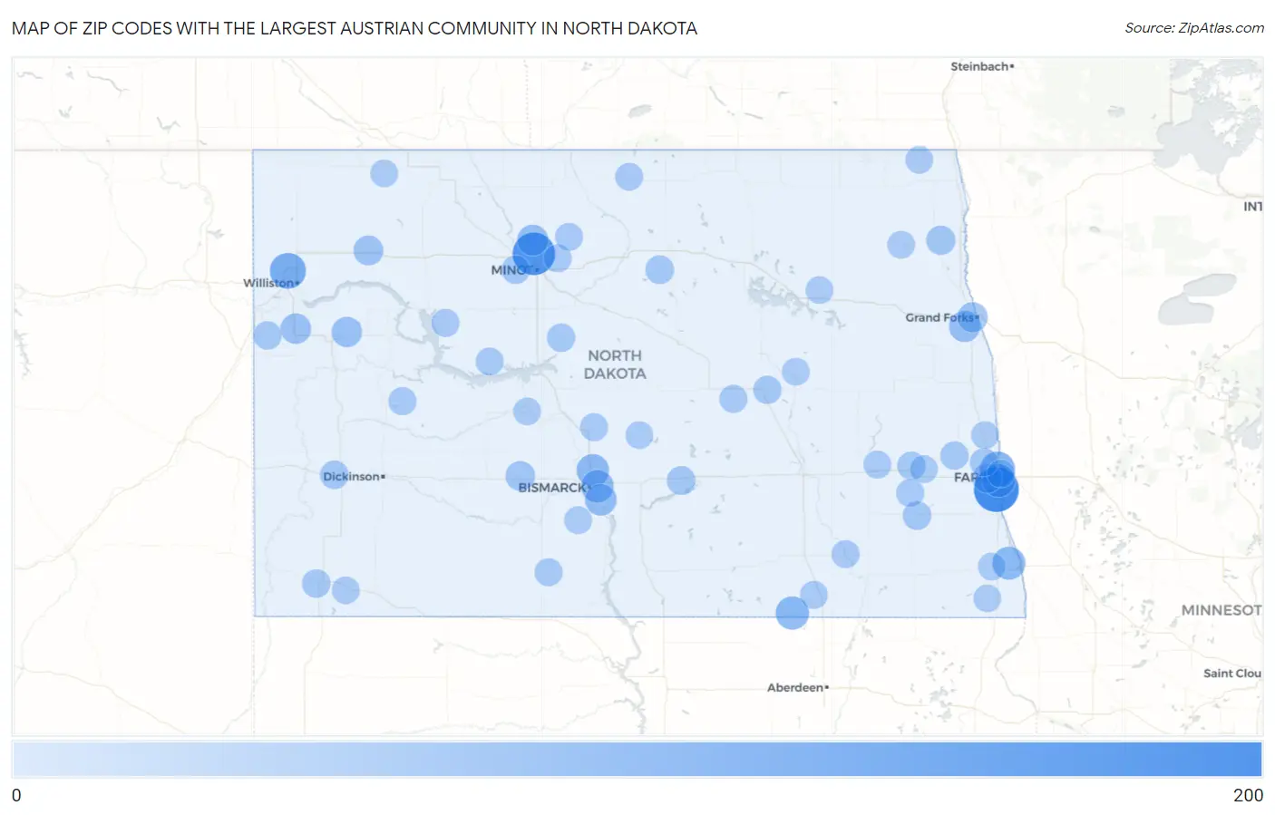 Zip Codes with the Largest Austrian Community in North Dakota Map